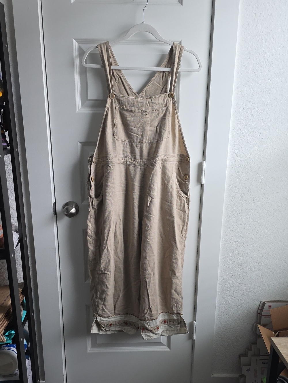 White Stag Beige Cotton Overalls Dress with Embroidered Hem  Large G166